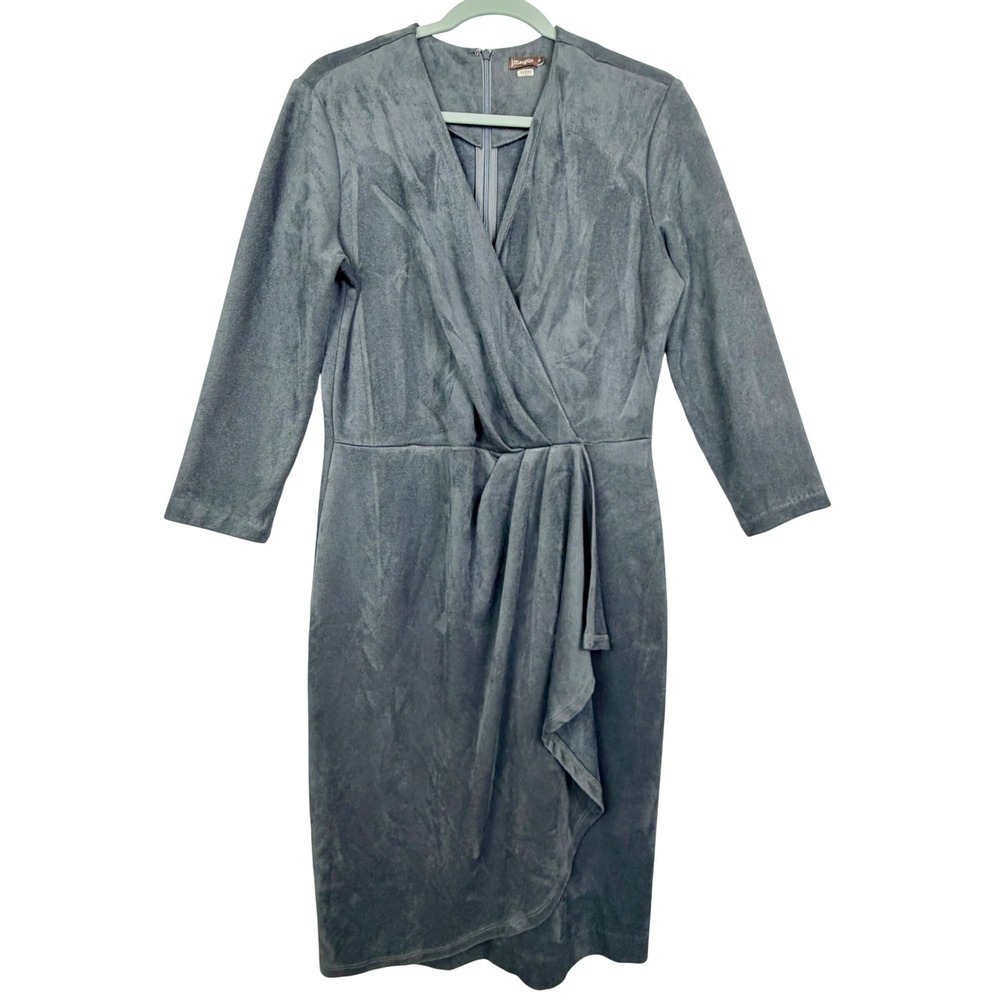 J. McLaughlin M Neville Sheath Faux Suede Crossover Gray LS Midi Women Dress - Picture 2 of 12